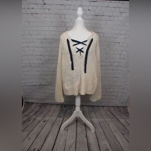 AERIE KNIT CREAM AND NAVY LACE UP SWEATER - Size XL SKU:136